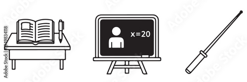 A simple black and white illustration of a desk with an open book and pencil next to a blackboard with a math equation and a pointer.
