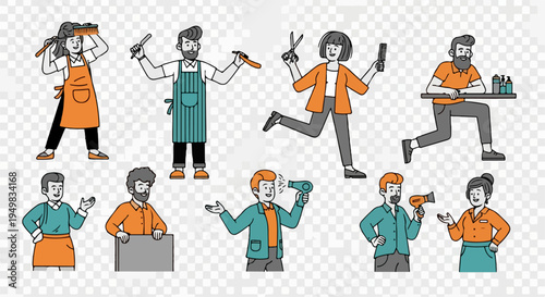 Collection of Professional Barbers and Hairstylists in Various Poses with Salon Tools, Vector Illustration Set for Barbershop and Hair Styling Concepts.