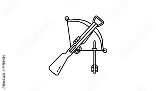 Flat minimal crossbow vector line icon isolated for design and archery projects