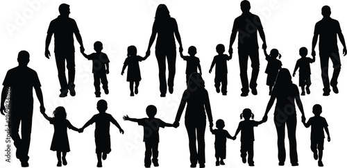 Comprehensive Collection of Diverse Family Silhouettes Featuring Mothers and Fathers Walking Hand in Hand with Children and Toddlers Isolated on White Background for Parenting Concepts
