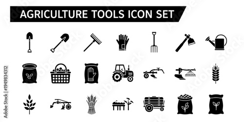 Professional Minimalist Agriculture Tools Icon Set with Farming Equipment and Machinery. This Clean Graphic Illustration Features a Tractor Shovel and Watering Can for Garden Projects.