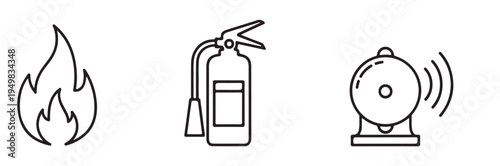 A simple line drawing of a fire flame, fire extinguisher, and smoke detector.