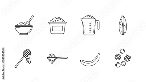 Breakfast Ingredients Icons: Cereal Honey Banana Berries Nuts Measuring Cup