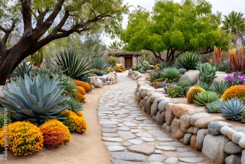 Desert botanical garden stone path leading to a building