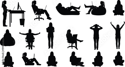 Comprehensive Collection of Freelance Woman Silhouettes Working on Laptop in Various Poses Including Sitting Standing and Relaxing on Bean Bag Isolated on White Background