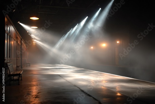 Empty train station platform at night with fog and light beams