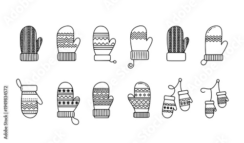 Minimal winter mittens line icon set vector illustration for clothing and seasonal design