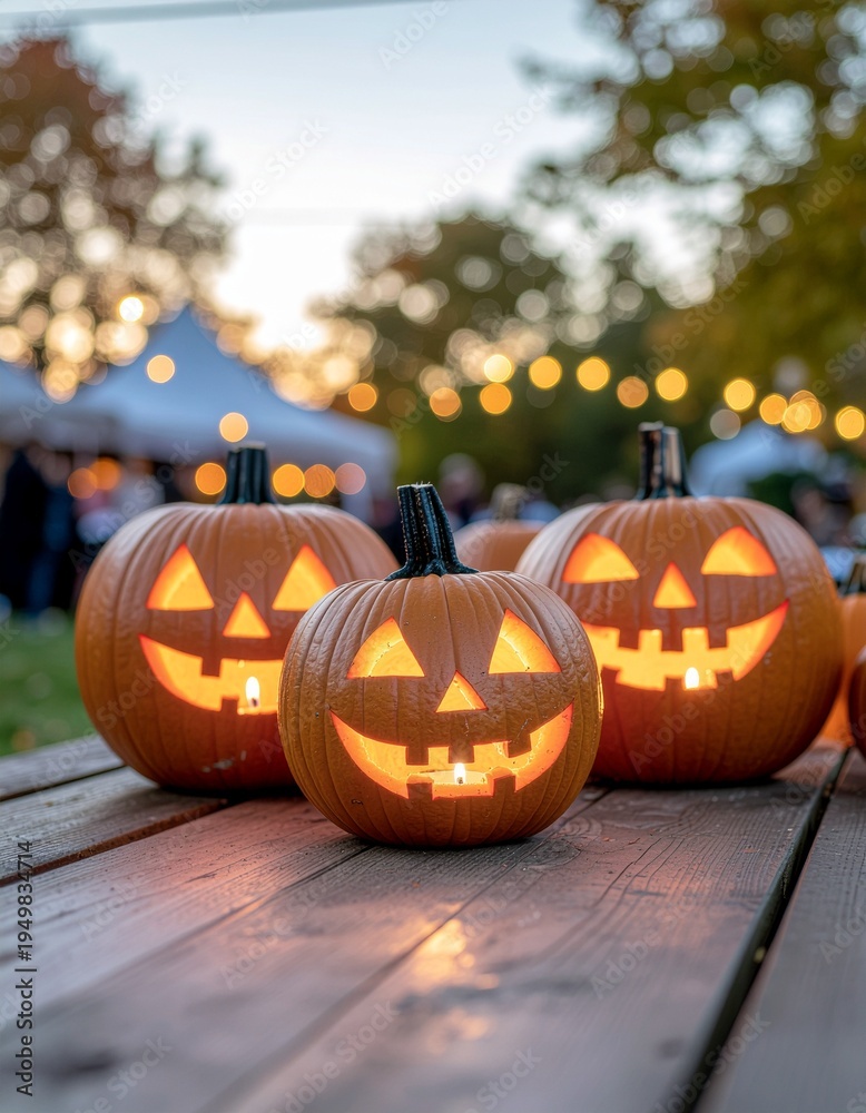 Fototapeta premium Three Carved Halloween Pumpkins Glowing on a Rustic Outdoor Table