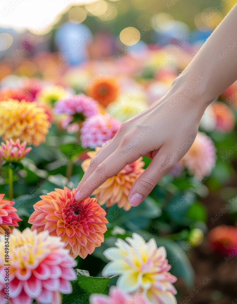 Fototapeta premium Woman's Hand Gently Touching Vibrant Dahlia Flower in Garden