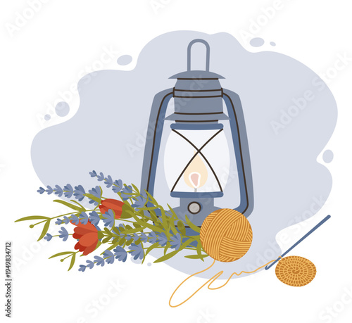 Cozy flat vector illustration featuring a vintage blue lantern, a bouquet of lavender and poppies, and a ball of yarn with a crochet hook. Perfect for handmade and hygge lifestyle themes.