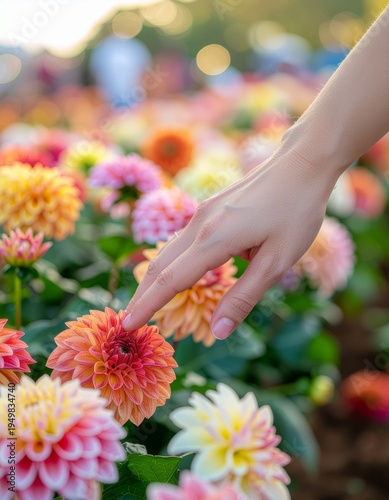 Woman's Hand Gently Touching Vibrant Dahlia Flower in Garden