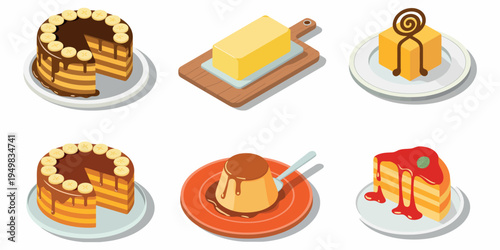 Isometric sweets set with chocolate cake banana cake pudding cheesecake and butter block in vector design