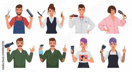 Vector illustration set of diverse barbers and hairstylists with professional tools like scissors, clippers, and dryers for salon and grooming services.