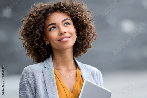 Young woman with curly hair thinking about future success