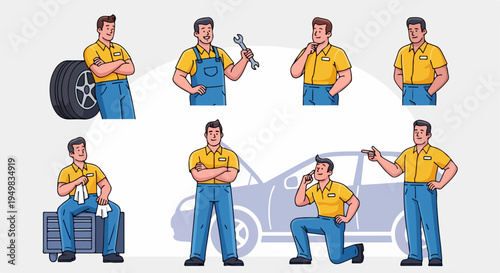 Professional Male Auto Mechanic Character Set in Various Poses for Car Repair and Automotive Service Illustration