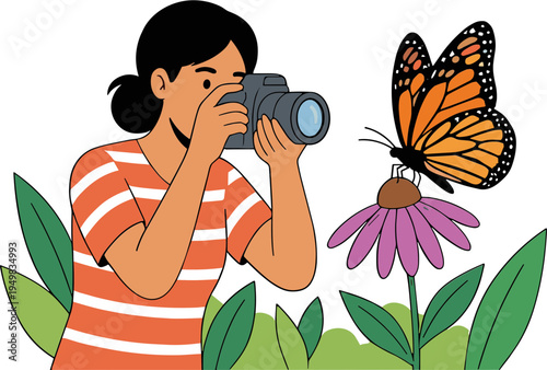 A woman takes a photo of a monarch butterfly on a flower with green leaves.