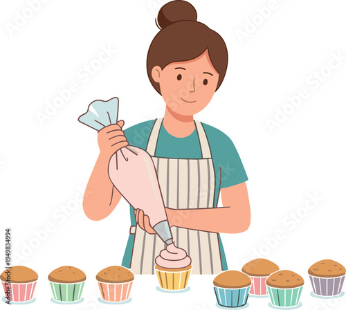 Woman decorating cupcakes with pink frosting in a kitchen setting