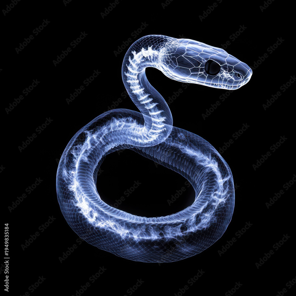 Fototapeta premium A dangerous green python reptile serpent stays isolated on a black background in the dark as a wild wildlife animal