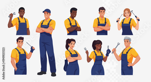 A collection of diverse male and female repair workers, mechanics, and technicians in yellow shirts and blue overalls holding tools.