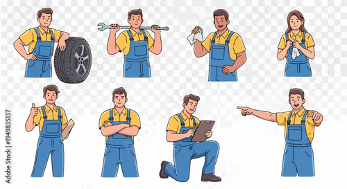 Collection of diverse auto mechanics in blue overalls performing various repair tasks, including holding tools, tires, and clipboards, in cartoon illustration style.