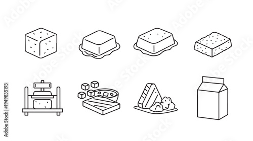 Cheese Making Process Icons: Curds Press Slices Cubes Milk Carton