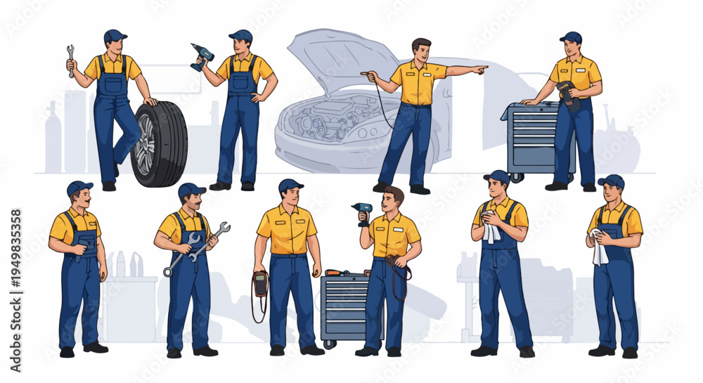 Obraz premium Collection of professional car mechanics in yellow and blue uniforms with various tools and equipment for auto repair service illustrations.