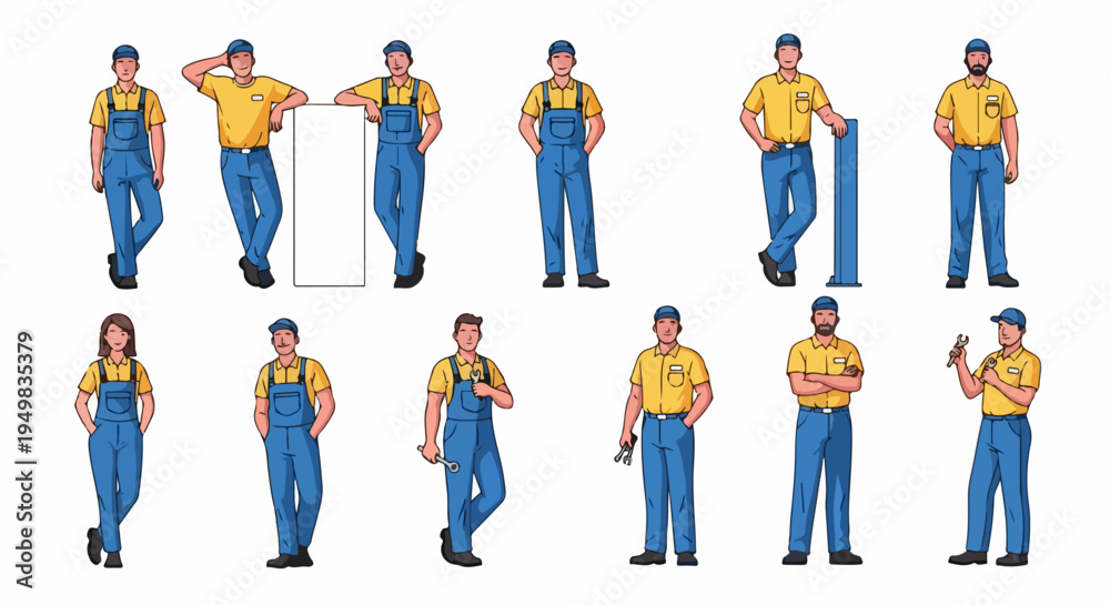 Fototapeta premium Vector illustration set of male and female mechanics in yellow shirts and blue overalls posing with tools and a blank sign.