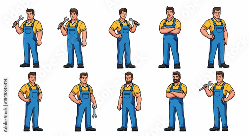 Set of ten professional mechanic and handyman characters in various poses holding wrenches and wearing blue overalls, vector illustration on white background.