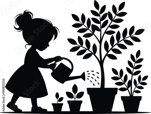 Child silhouette watering plants, gardening activity, nature care, environmental stewardship, nurturing growth, eco friendly lifestyle, potted plants illustration, black vector art