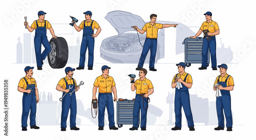Collection of professional car mechanics in yellow and blue uniforms with various tools and equipment for auto repair service illustrations.