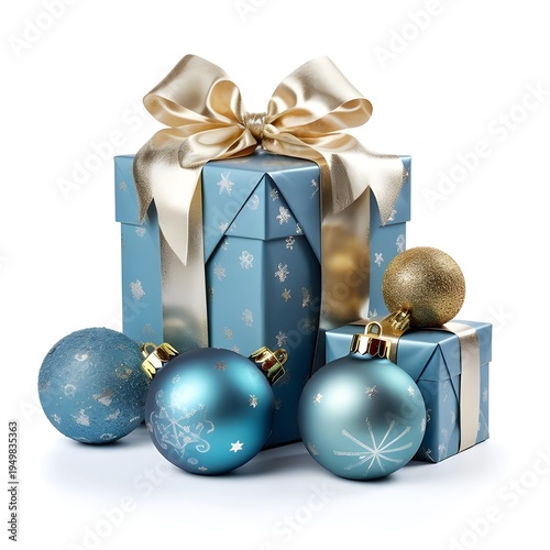A festive arrangement of blue and gold christmas gifts and ornaments on a white background for holiday cheer and celebration