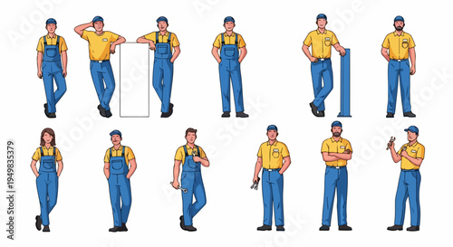 Vector illustration set of male and female mechanics in yellow shirts and blue overalls posing with tools and a blank sign.