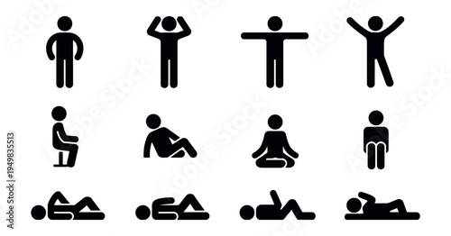Black and white vector icon set of people silhouettes stick figures in various poses for social design