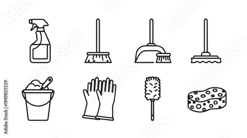 Cleaning Supplies Icons: Bucket Spray Bottle Gloves Broom Dustpan Mop Duster Sponge