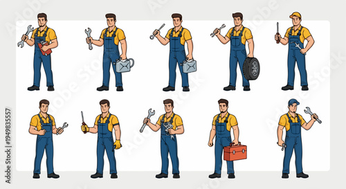Collection of Mechanic Characters in Various Poses Holding Tools Like Wrenches, Screwdrivers, and Toolbox for Repair and Service Concepts