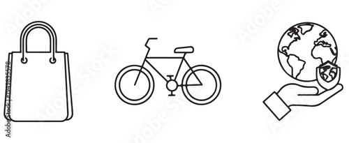 A simple line drawing of a handbag, bicycle, and a hand holding the Earth.
