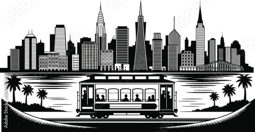 Cityscape skyline illustration, cable car vector art, urban travel design, San Francisco architecture, palm trees silhouette, metropolitan culture scene