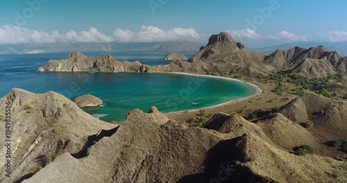 Drone Aerial View of Padar Island Coastline and Hills Indonesia