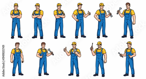 Set of various cartoon handymen and workers in blue overalls and yellow caps, posing with tools, isolated on white background.