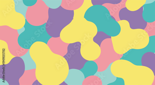 A vibrant abstract pattern of colorful shapes fills the entire background.