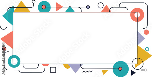 A vibrant graphic illustration of colorful shapes and lines forming a rectangular frame on a white background with geometric patterns.