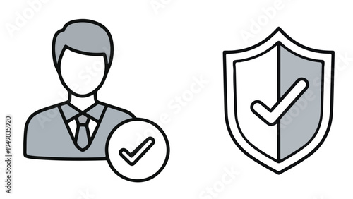 A simple illustration of a verified person and a shield with a checkmark