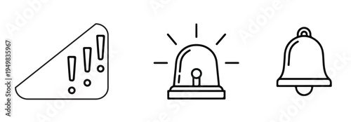 A set of alert icons including a warning sign, a siren, and a bell on a white background.