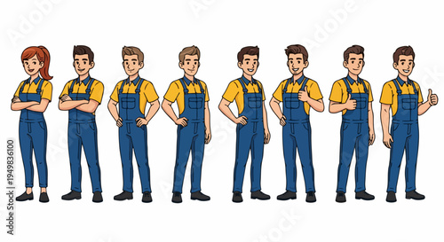 Set of friendly cartoon service workers in blue overalls and yellow shirts standing in various poses isolated on a white background.