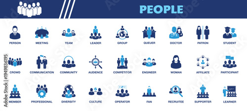 People Icon Set. Collection of Person, Crowd, Community, Meeting, Team, Participant, Member, Supporter, Leader, Group, Doctor, Engineer, Student, and More Icons. Editable Flat Vector Illustration.