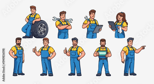 Collection of Professional Cartoon Mechanic Characters in Various Poses with Tools, Tire, and Digital Devices for Automotive Service Concepts