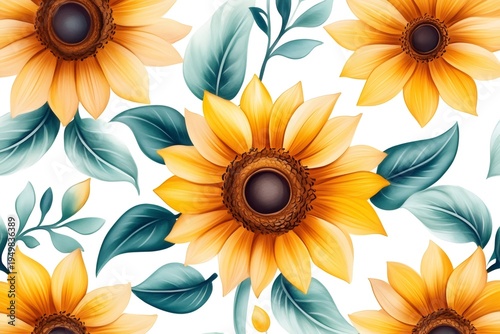 Sunflowers and teal leaves forming a seamless pattern