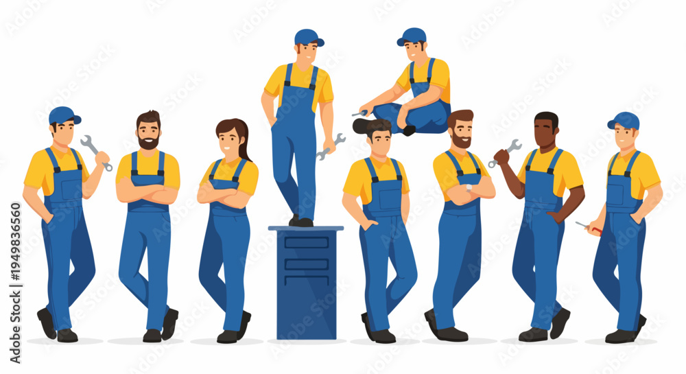 Obraz premium Vector illustration set of multiethnic professional mechanics and repairmen in blue overalls and yellow shirts holding tools on white background.