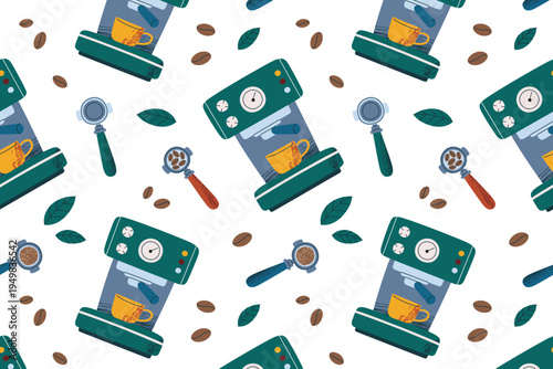 Vintage coffee machines seamless pattern with grainy textures, portafilter, coffee beans and leaves. Retro cafe equipment and barista tools, vector illustration for background, wrapping paper