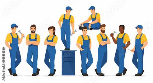 Vector illustration set of multiethnic professional mechanics and repairmen in blue overalls and yellow shirts holding tools on white background.